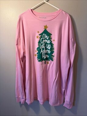 Love in Faith 3XL Pink Long Sleeve Tee with Green Christmas Tree Graphic